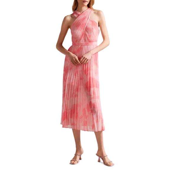 Ted Baker Allover Mirelia Crisscross Halter Pleated Midi Dress Pink Sz 3 Formal